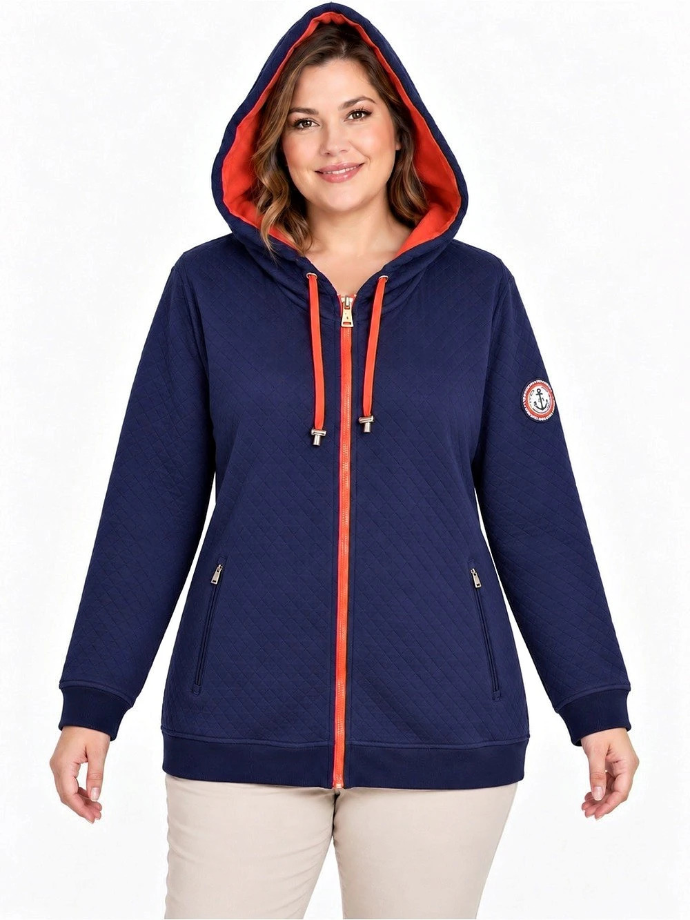 Lauren Ralph Lauren Quilted Hoodie 1X Navy Orange Nautical Full Zip Jacket Prep